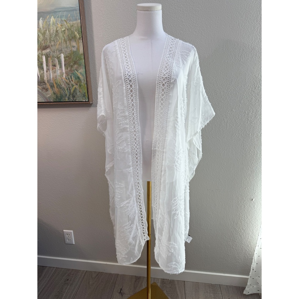 White Sheer Kimono Wrap Textured Leaf Boho Resort Cover Up Kaftan Size L